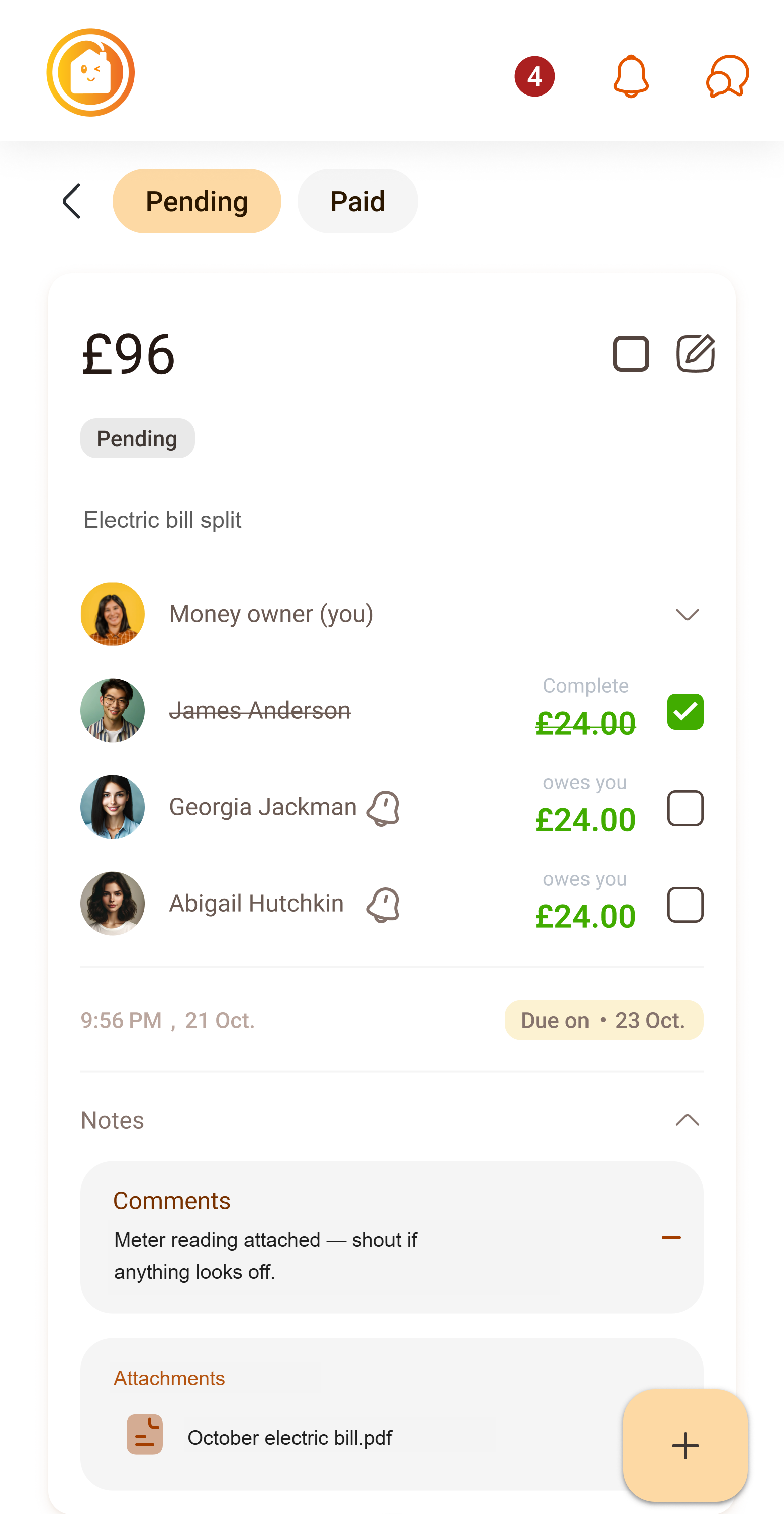 A £92 electric bill in the HOMEi app, split four ways with each housemate's £23 share tracked until it's paid