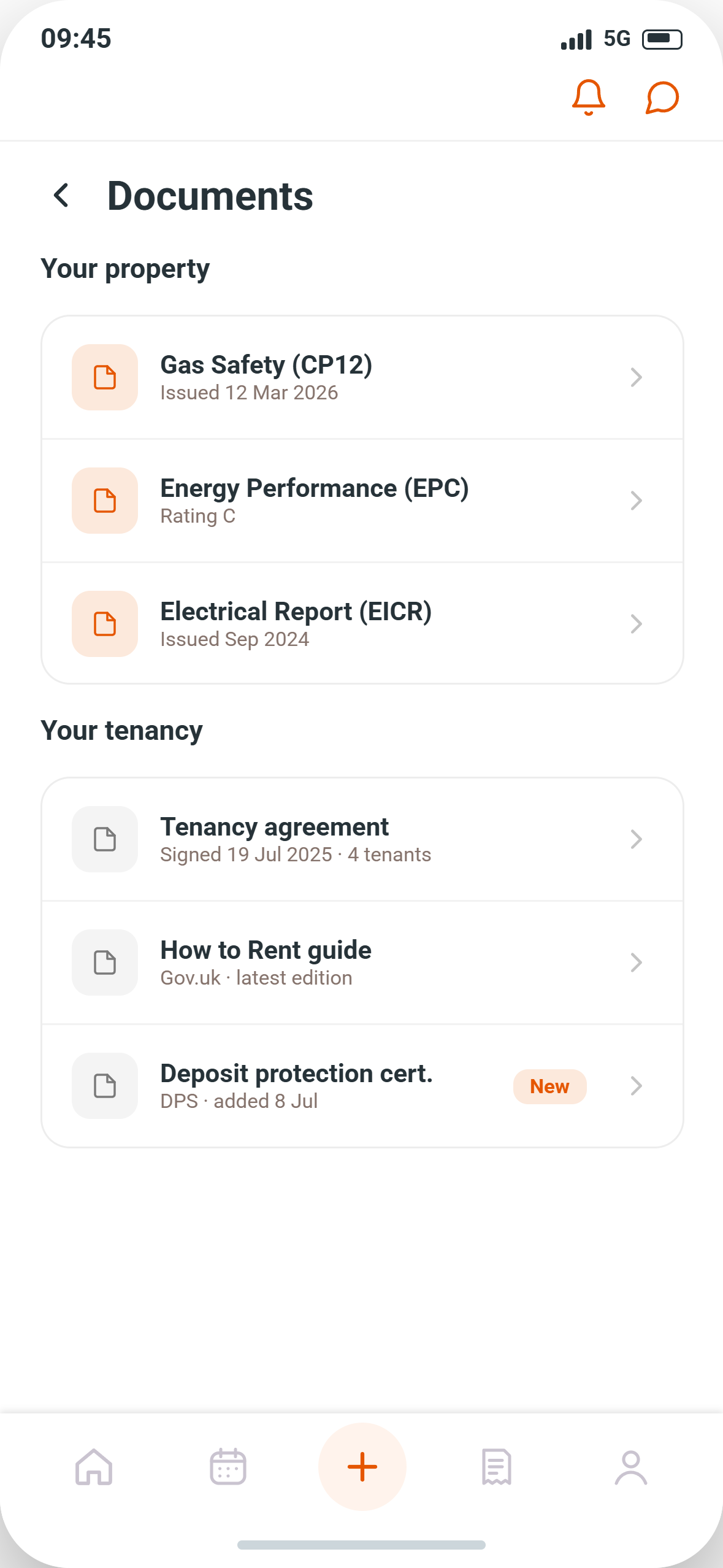 Tenancy documents in the HOMEi app, including the tenancy agreement, gas safety certificate, EPC and deposit protection certificate