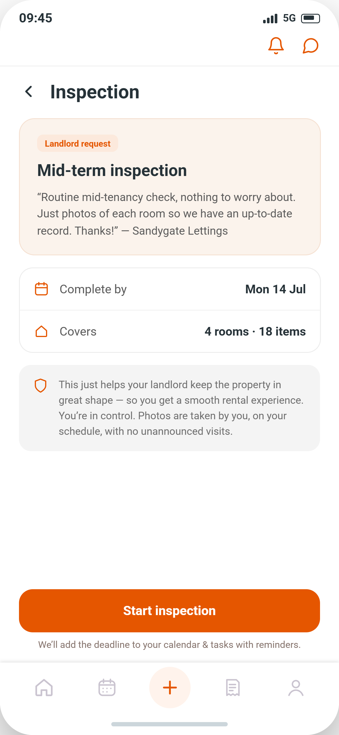 A mid-term inspection requested by the landlord in the HOMEi app, with a note explaining it is routine and that photos are taken by the tenant on their own schedule
