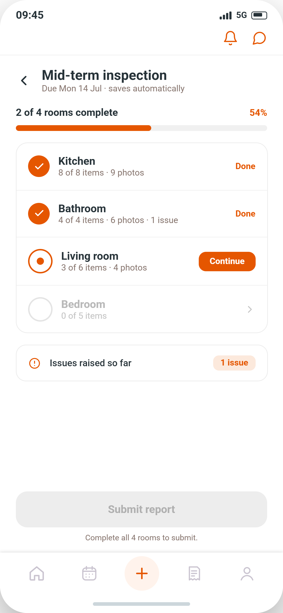 A HOMEi digital inspection part-completed, with the kitchen and bathroom done and the living room in progress