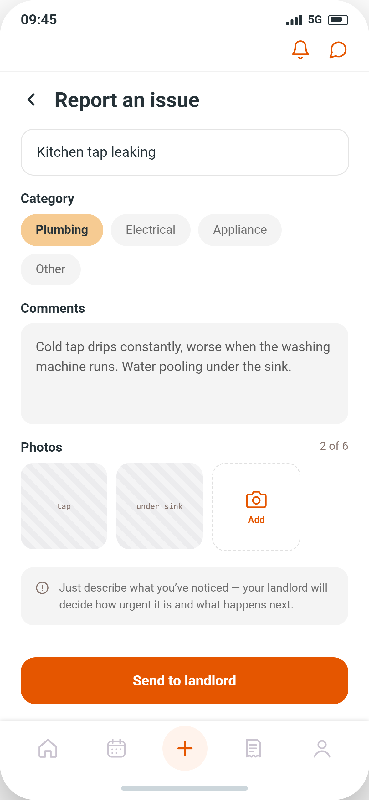Reporting a leaking kitchen tap in the HOMEi app, with photos attached and an urgency level chosen